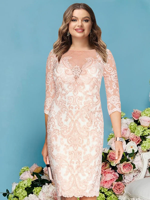 Plus Size Knee-Length Mother of the Bride Dress with Lace Beading Appliques and Long Sleeves
