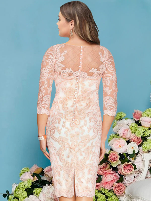 Long-Sleeve Knee-Length Sheath/Column Mother of the Bride Dress with Lace Beading Appliques