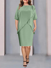 Knee-Length Plus Size Beaded and Ruched Mother of the Bride Column Jewel Neck Dress