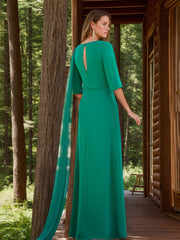 Floor-Length Mother of the Bride Dress with Floral Applique & Dotted Tulle Draping 1/2 Sleeves Sheath/Column Neckline