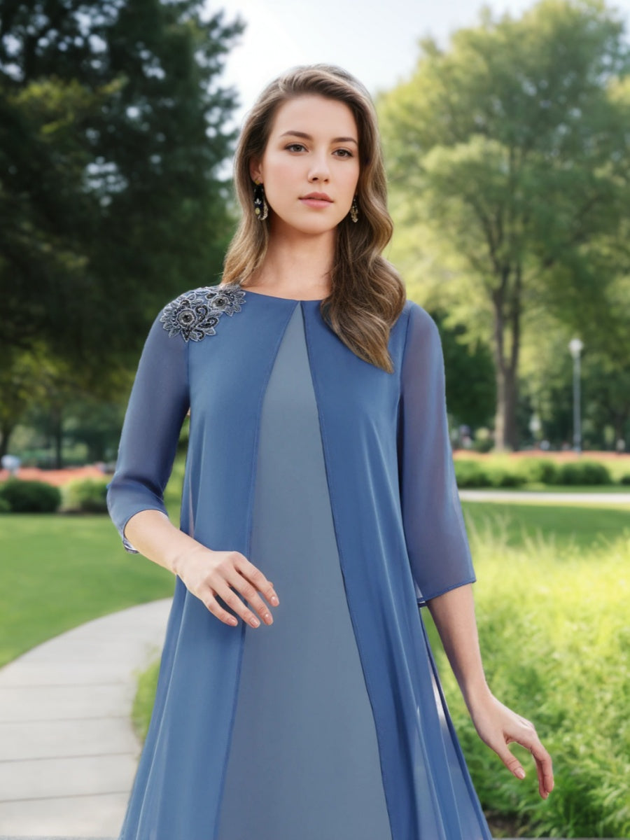 Floor-Length A-Line Mother of the Bride Dress with Jewel Neckline 3/4 Sleeves and Chiffon Cape
