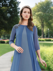 Floor-Length A-Line Mother of the Bride Dress with Jewel Neckline 3/4 Sleeves and Chiffon Cape
