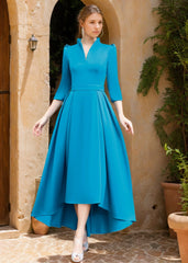 V-Neck A-Line Princess Dress with 3/4 Sleeves Asymmetrical Pleats and Sash for Mother of the Bride