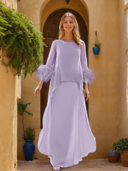 Floor-Length Mother of the Bride Dress with Cape Feathers and Jewel Neckline