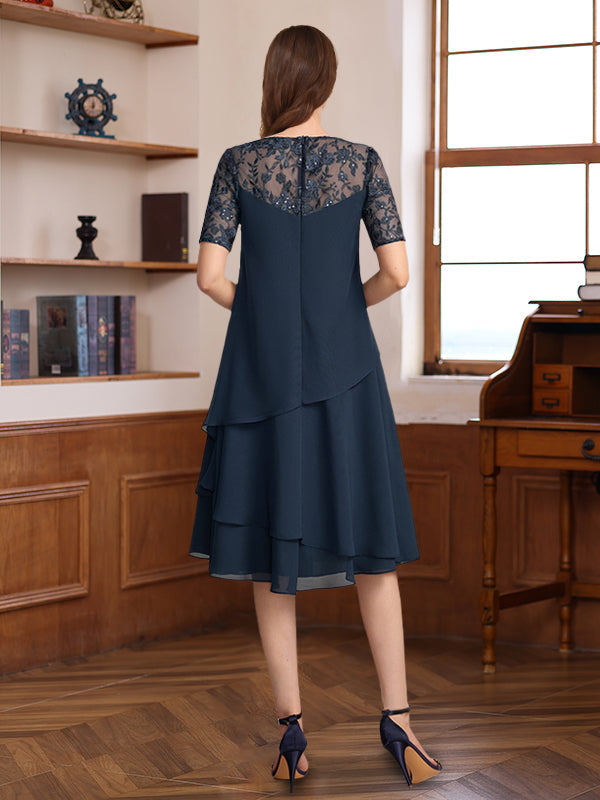 Short Sleeve Knee-Length A-Line Princess Jewel Neck Mother of the Bride & Groom Dress with Ruffles Lace Appliques and Sequins