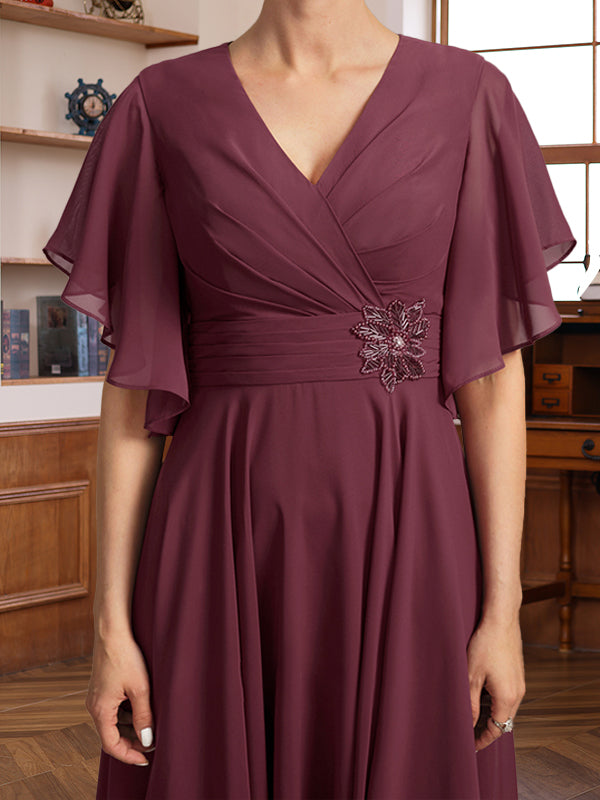 V-Neck A-Line Princess Dresses with Ruched Pleats and Jewel Appliques for Mothers of the Bride & Groom