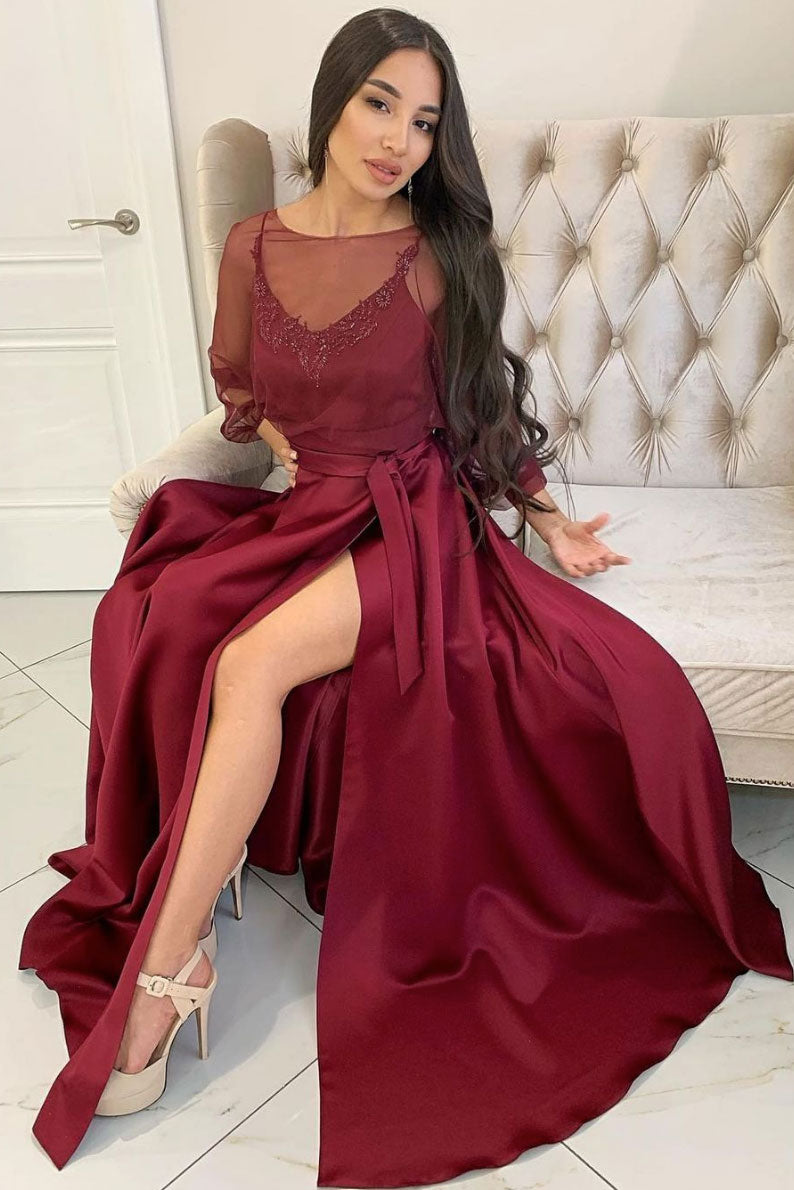 Maroon Prom Dress Satin Long Crew Neck Evening Dress