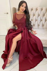 Maroon Prom Dress Satin Long Crew Neck Evening Dress