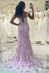 Mauve Prom Dress Mermaid Prom Dress Appliqued Long Corset Evening Dress With Slit