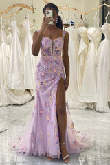Mauve Prom Dress Mermaid Prom Dress Appliqued Long Corset Evening Dress With Slit