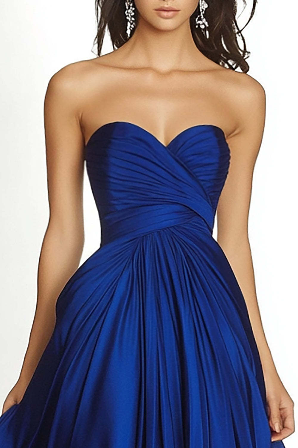 Maxi A Line Royal Blue Wedding Guest Dress Pleated Asymmetric Chiffon Strapless Formal Dress