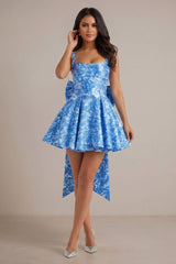 Mediterranean Blue Toile Square Neck Homecoming Mini Dress with Trailing Bow