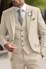 Men's Beige 3-Piece Single-Breasted Two-Button Formal Wedding Suit