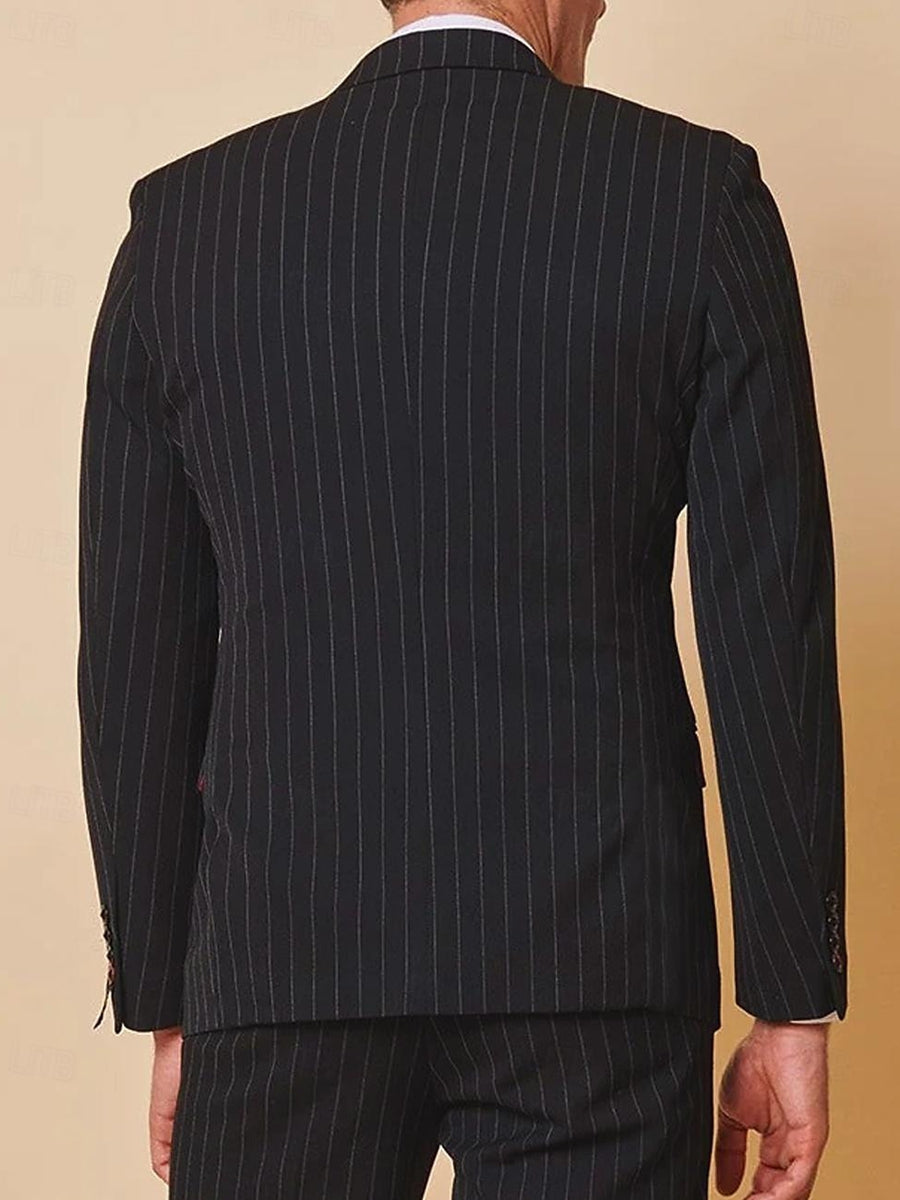 Men's Black Single-Breasted Two-Button Striped Suit For Weddings And Parties