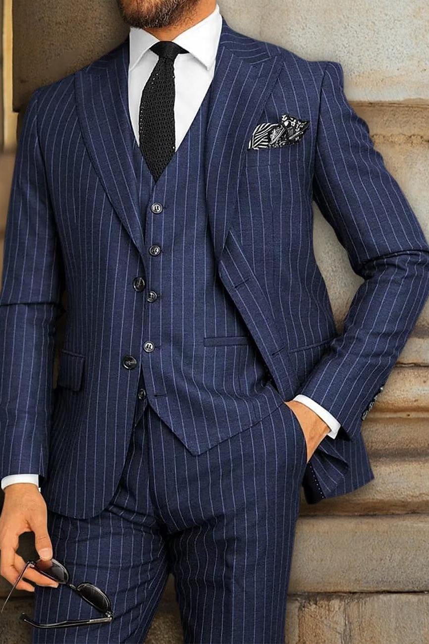 Men's Black Single-Breasted Two-Button Striped Suit For Weddings And Parties
