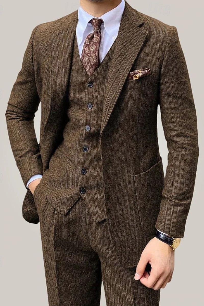 Men's Brown 3-Piece Single-Breasted Two-Button Suit For Weddings And Daily Wear