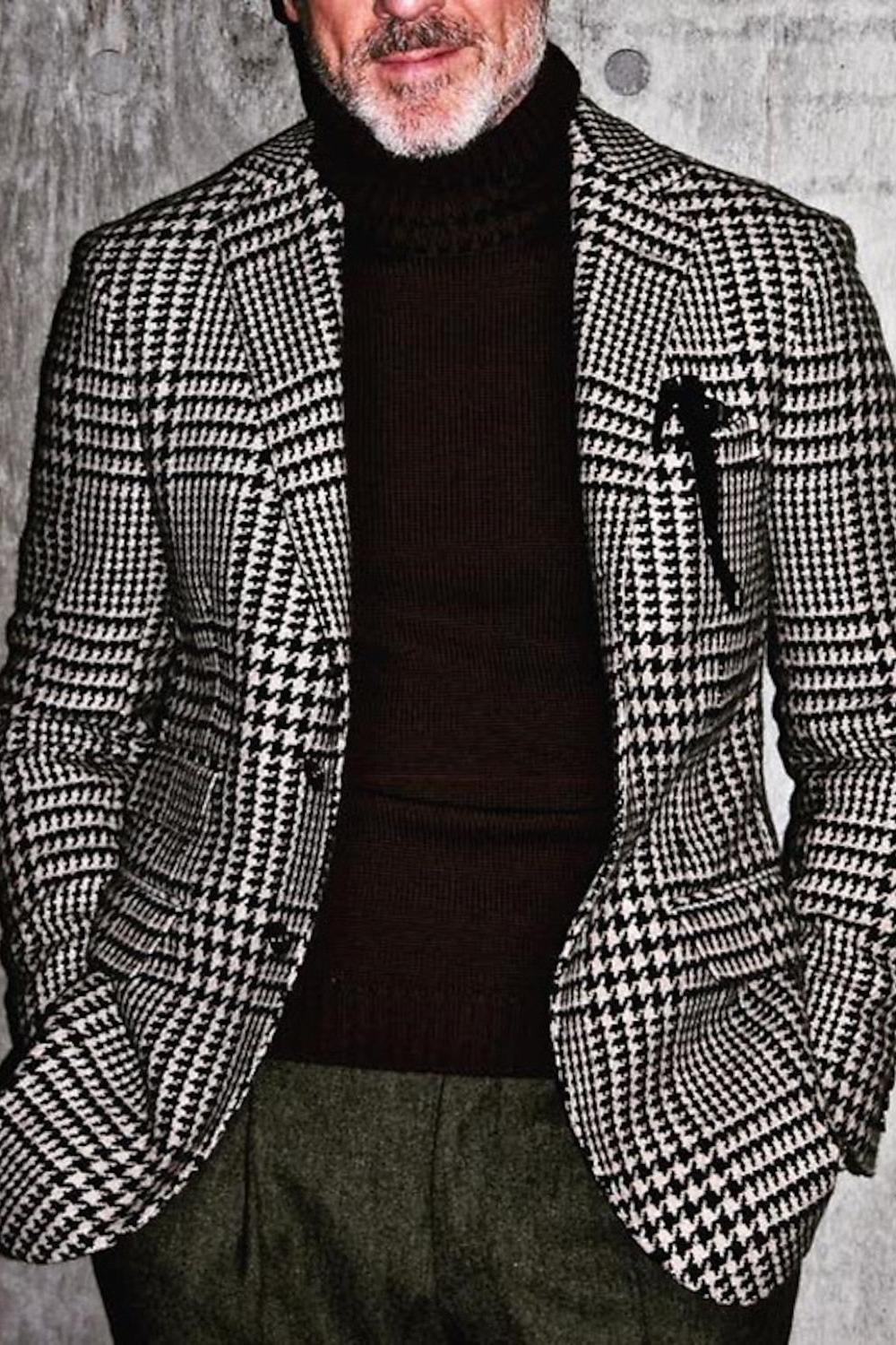 Men's Casual Houndstooth Jacket With Tailored Fit And Two-Button Single Breast
