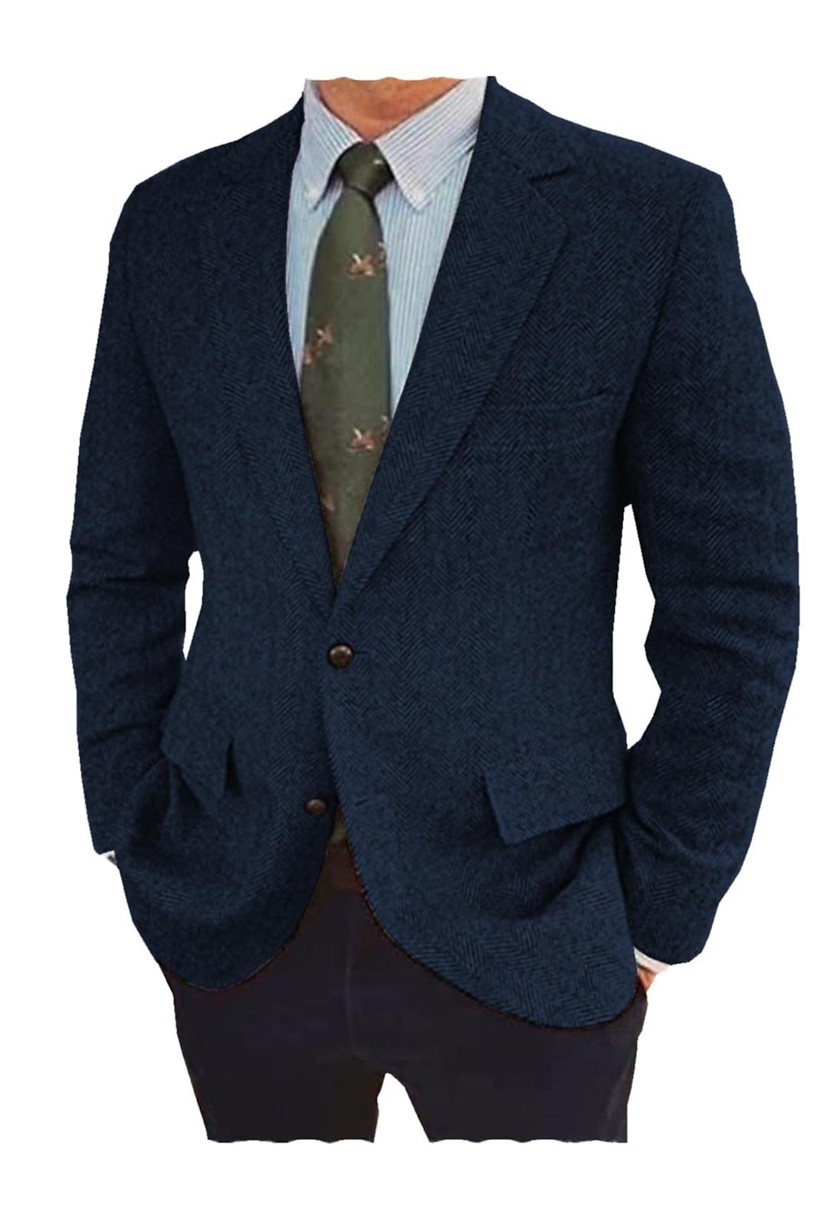 Men's Casual Tweed Jacket In Brown Blue Tailored Fit With Two Buttons