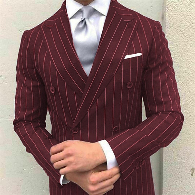 Men's Formal Double Breasted 2-Piece Wedding Suit With Pinstripe Peak Lapel And Six Buttons