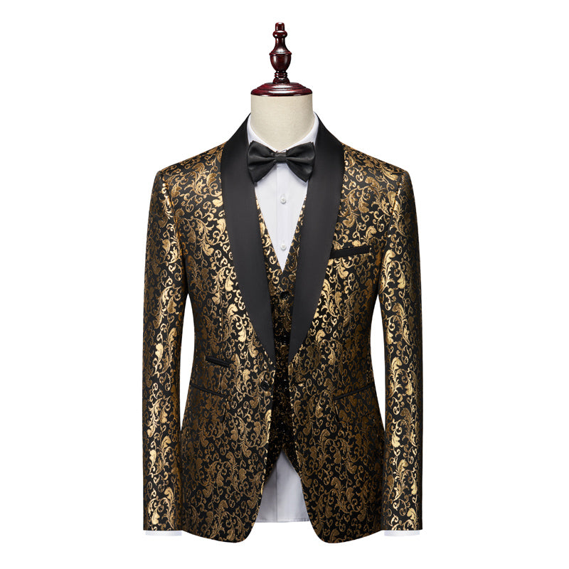 Men's Gold Tailored Fit Single-Breasted 3-Piece Printed Prom Party Suit With One Button