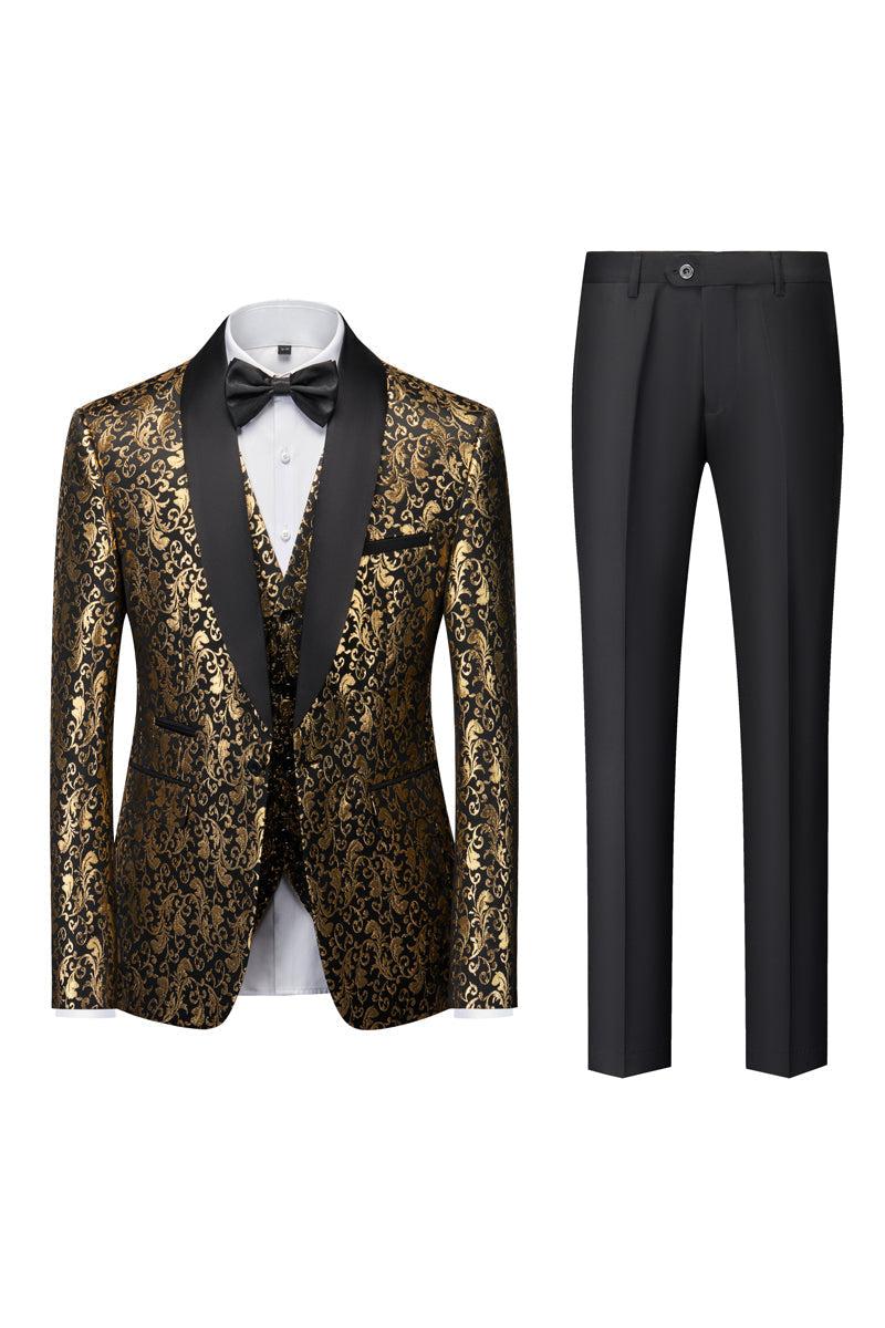 Men's Gold Tailored Fit Single-Breasted 3-Piece Printed Prom Party Suit With One Button