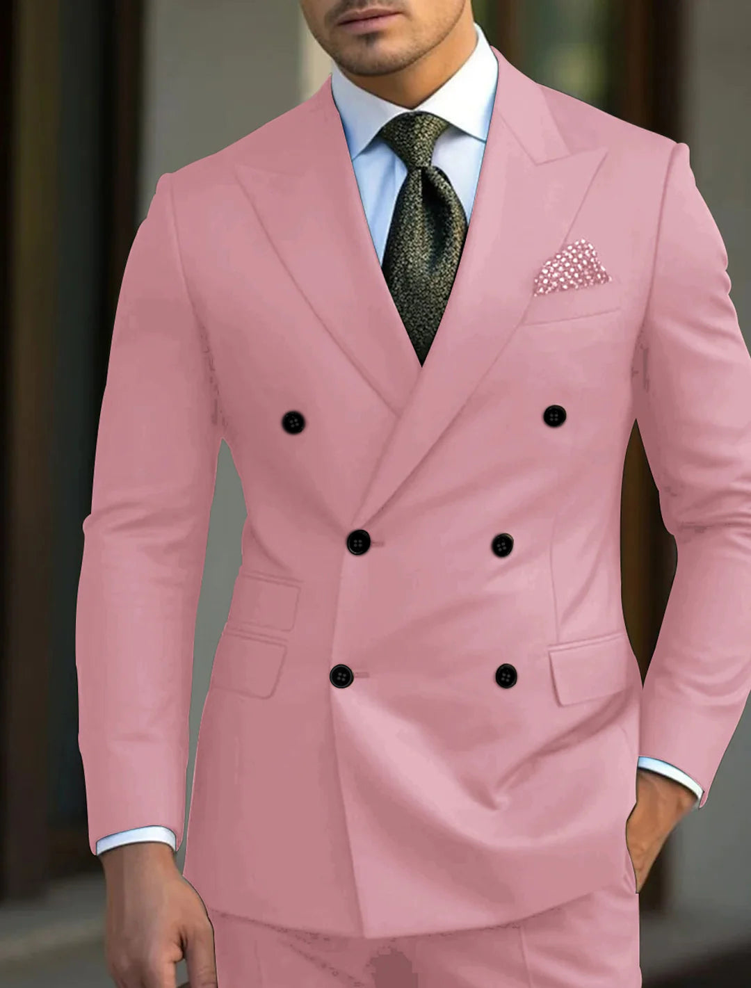 Men's Green Tailored Fit 2-Piece Double Breasted Six-Button Solid Wedding Suits