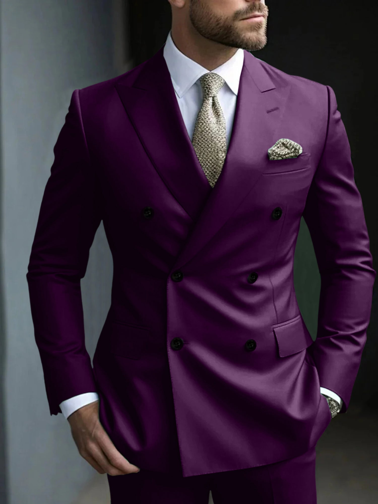 Men's Green Tailored Fit Double Breasted Six-Button Party Suit In 2 Solid Pieces