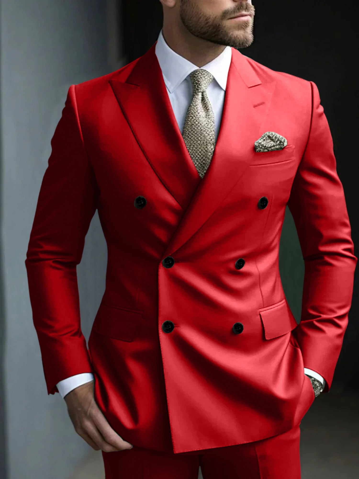 Men's Green Tailored Fit Double Breasted Six-Button Party Suit In 2 Solid Pieces