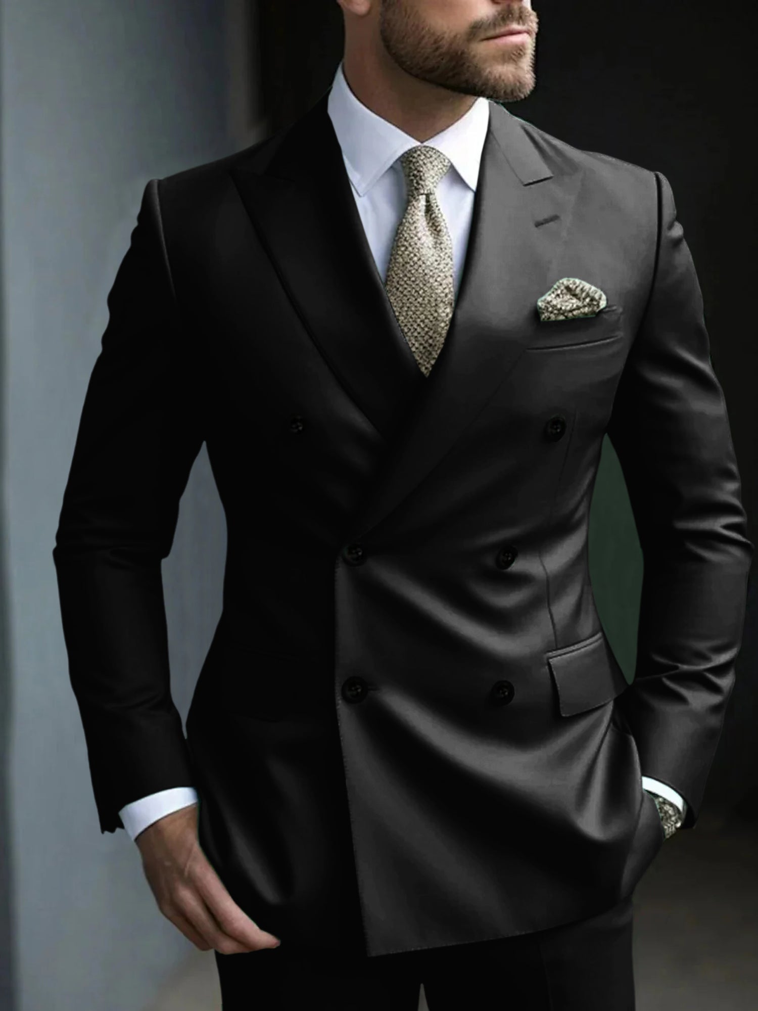 Men's Green Tailored Fit Double Breasted Six-Button Party Suit In 2 Solid Pieces