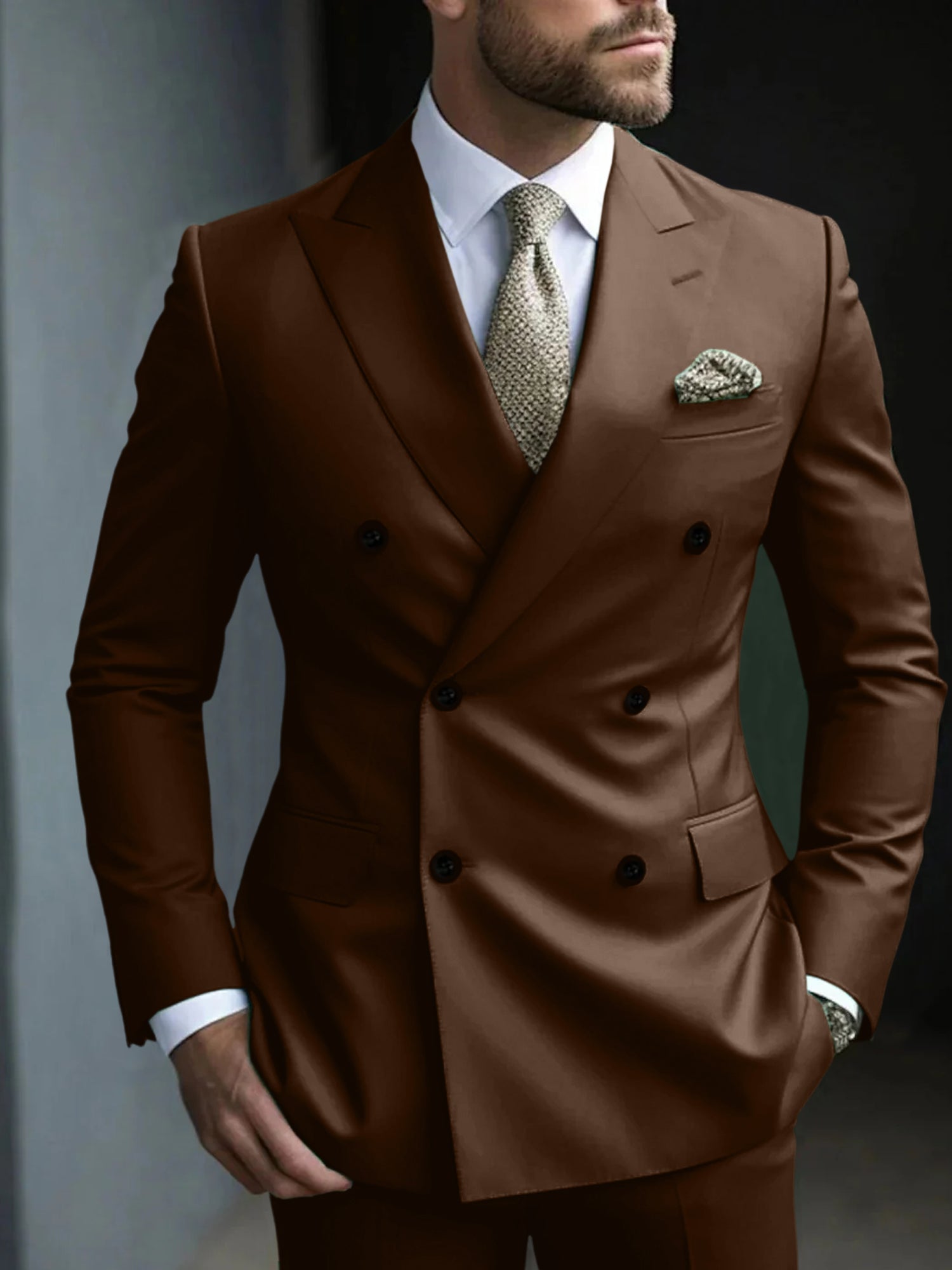 Men's Green Tailored Fit Double Breasted Six-Button Party Suit In 2 Solid Pieces