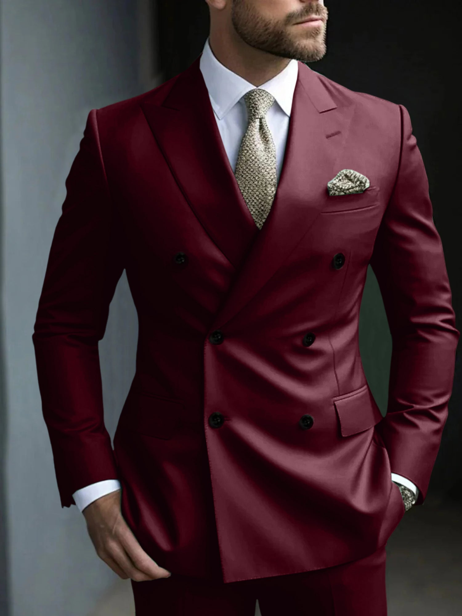 Men's Green Tailored Fit Double Breasted Six-Button Party Suit In 2 Solid Pieces