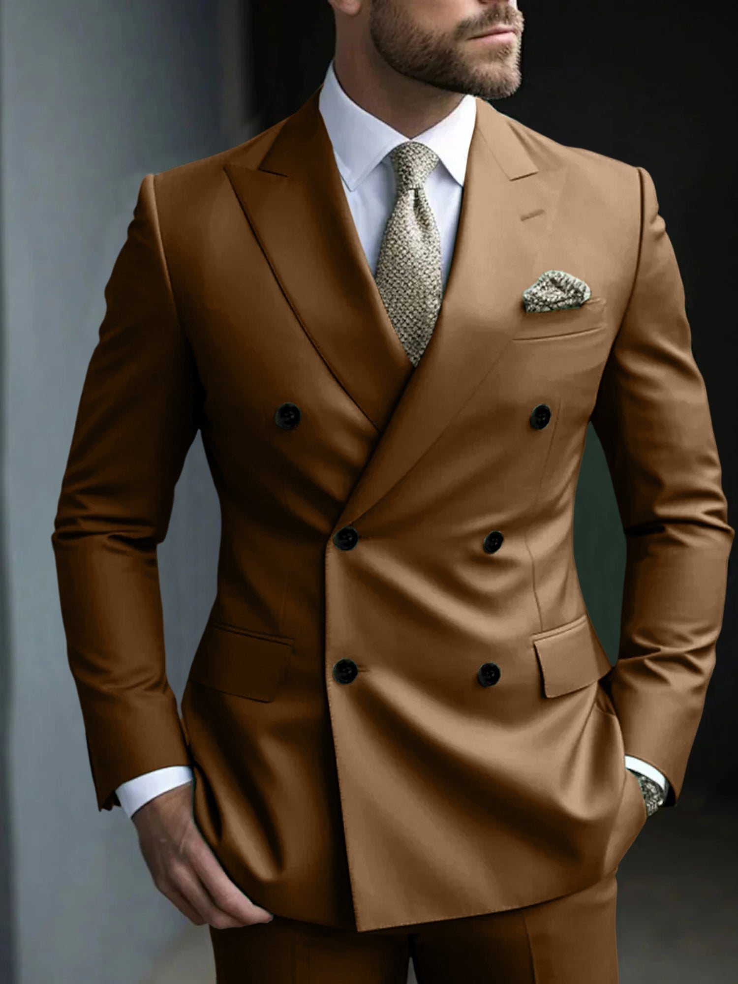 Men's Green Tailored Fit Double Breasted Six-Button Party Suit In 2 Solid Pieces