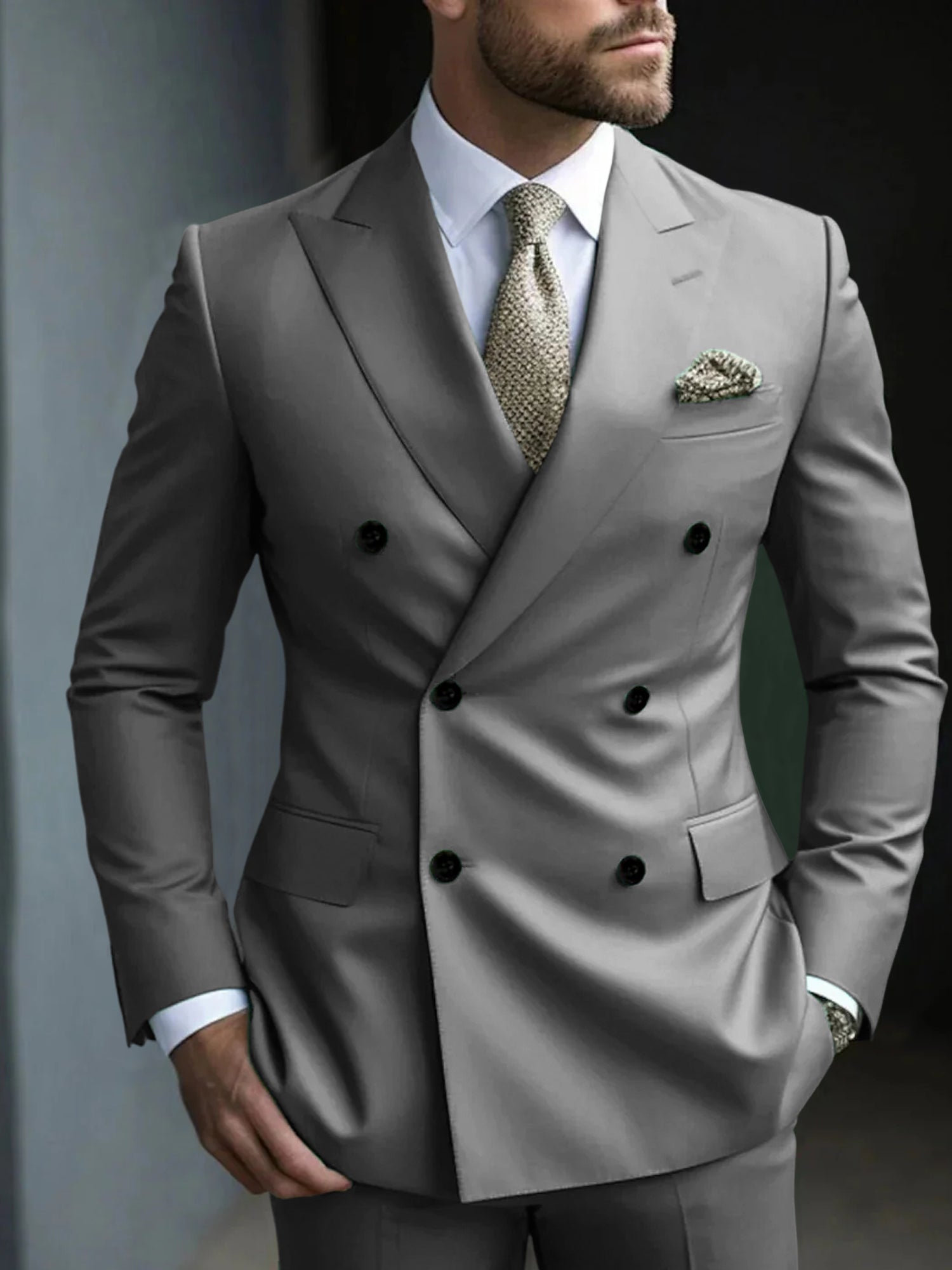 Men's Green Tailored Fit Double Breasted Six-Button Party Suit In 2 Solid Pieces