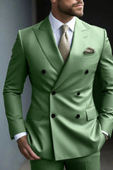 Men's Green Tailored Fit Double Breasted Six-Button Party Suit In 2 Solid Pieces
