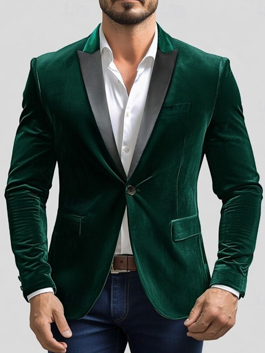 Men's Green Velvet Party Blazer With Notched Neck And Single Button