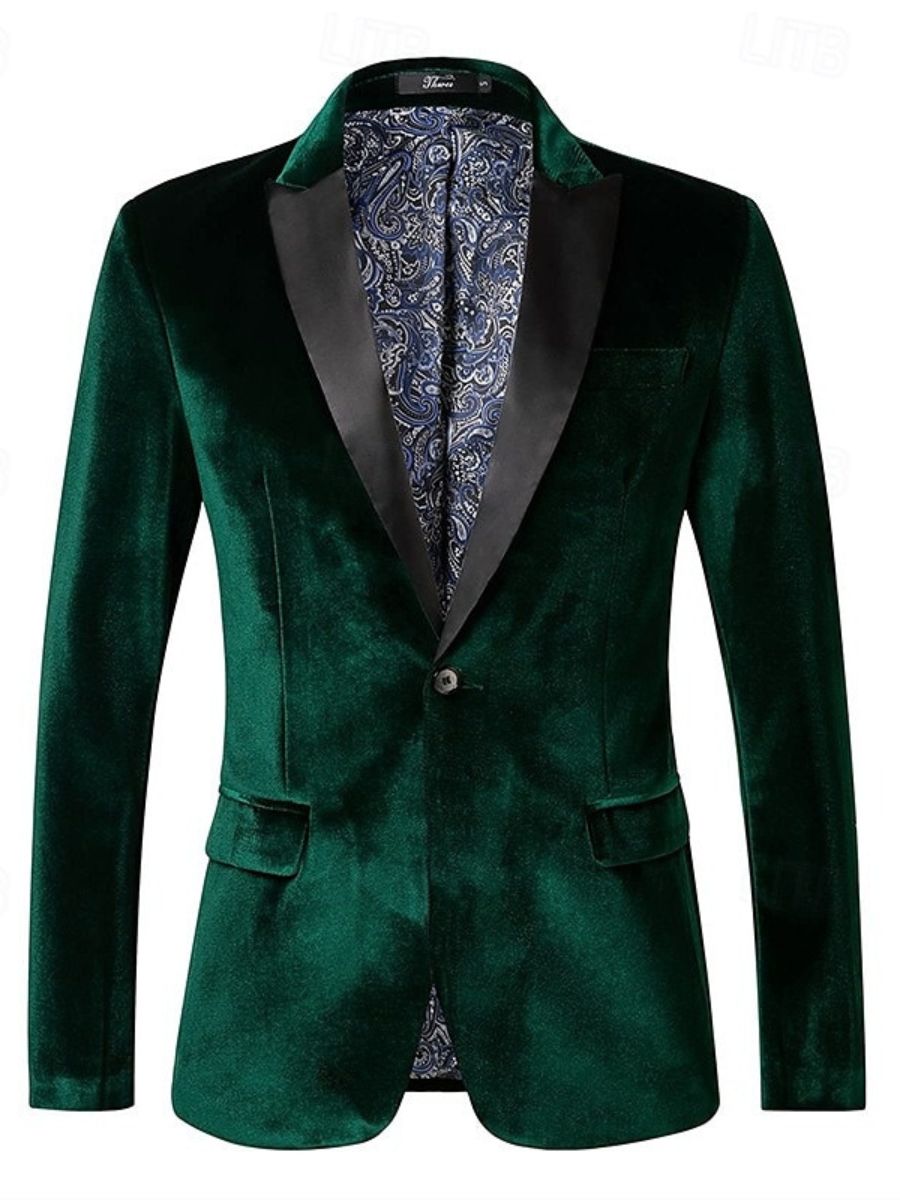 Men's Green Velvet Party Blazer With Notched Neck And Single Button