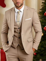 Men's Khaki Three-Piece Single-Breasted Two-Button Wedding Suit