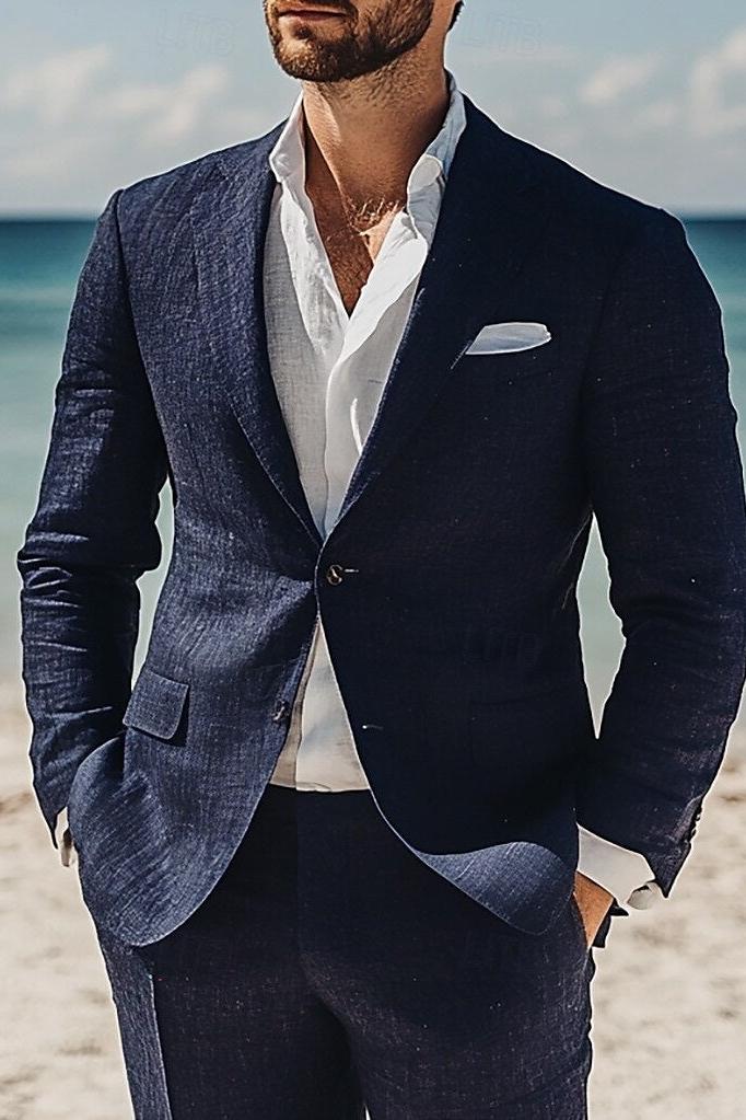Men's Lightweight Navy Blue Linen Wedding Suit - Casual Two-Button Beach Style