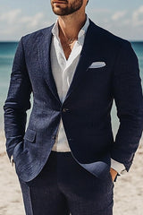Men's Lightweight Navy Blue Linen Wedding Suit - Casual Two-Button Beach Style