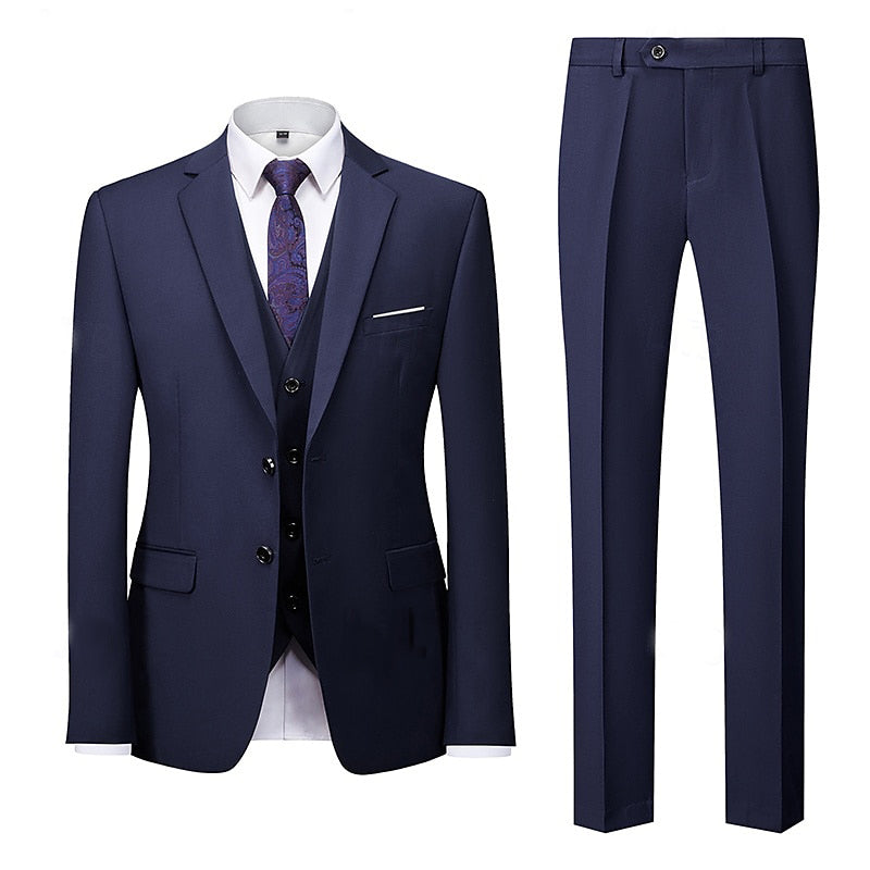 Men's Navy Blue Business Suit Set - Standard Fit Single Breasted 2-Button 3-Piece Wedding & Party Attire