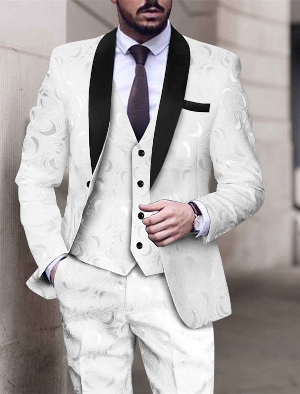 Men's Patterned 3-Piece Wedding Suit In Tailored Fit With Single Breast And Two Buttons