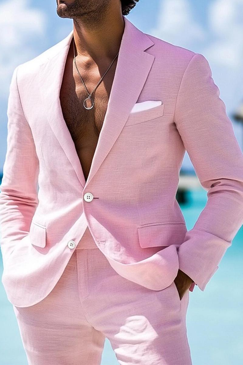 Men's Pink Tailored Fit 2-Piece Single-Breasted Suit For Beach Or Wedding