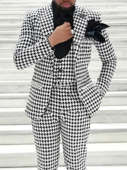Men's Retro Black And White Tweed Single-Button Suit For Casual Or Wedding Parties