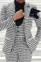 Men's Retro Black And White Tweed Single-Button Suit For Casual Or Wedding Parties