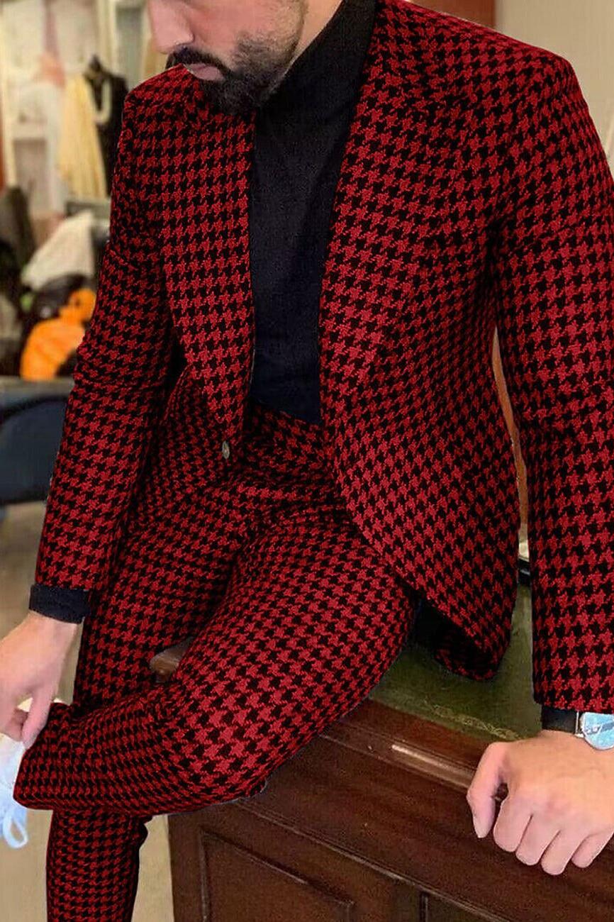 Men's Retro Stylish Black Red Tweed Single-Button Casual Party Suit