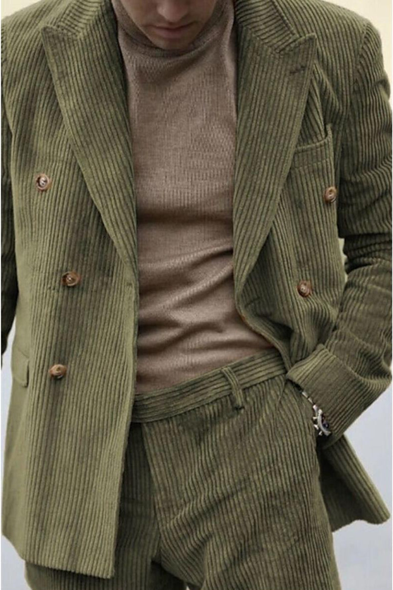 Men's Sage Corduroy Peak Neck Regular Fit Single Or Double Breasted Six-Button Party Jacket