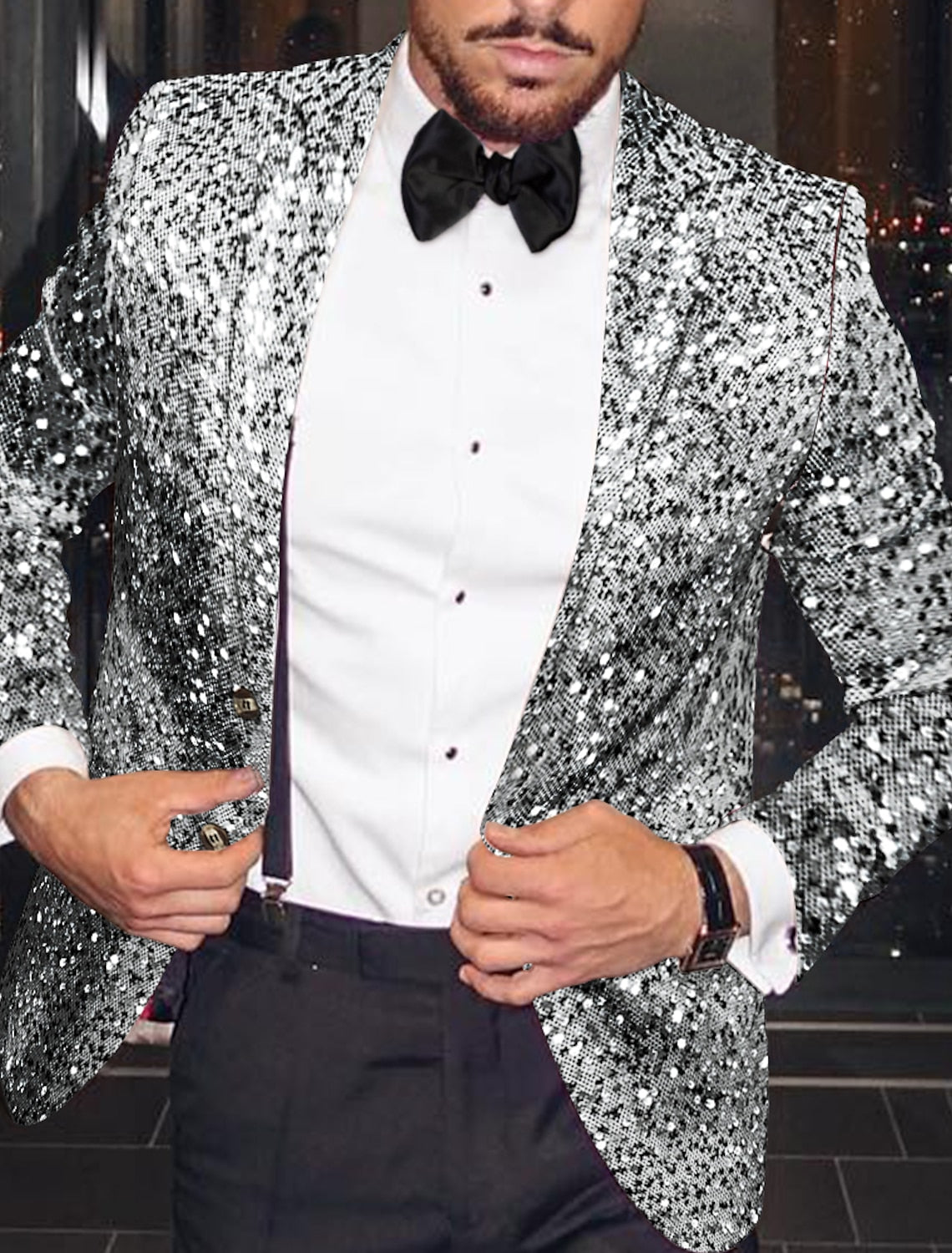 Men's Single-Breasted One-Button Tailored Fit Party Jacket In Gold And Silver Sequins