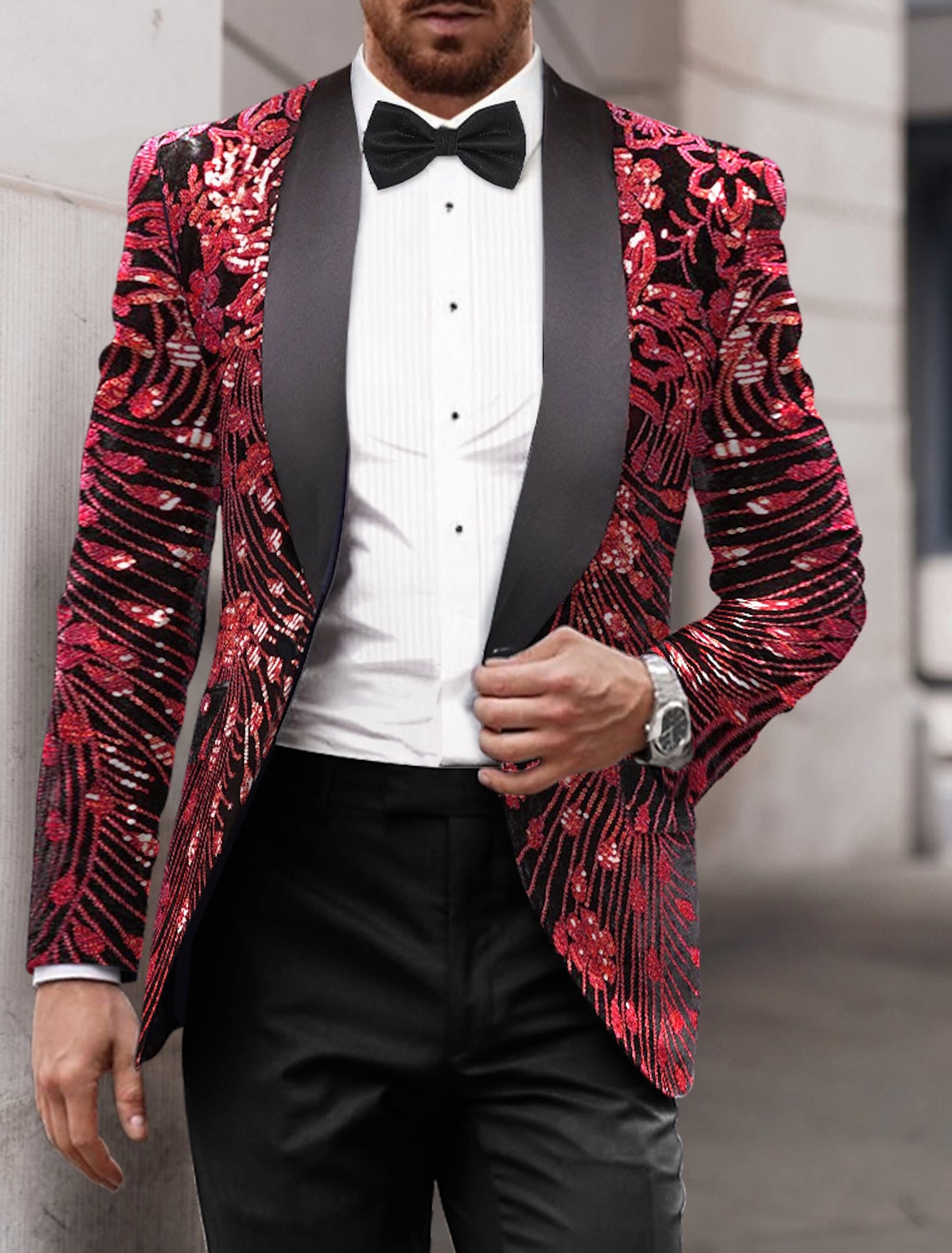 Men's Single-Breasted One-Button Tailored Fit Party Jacket In Gold Red And Green Sequins