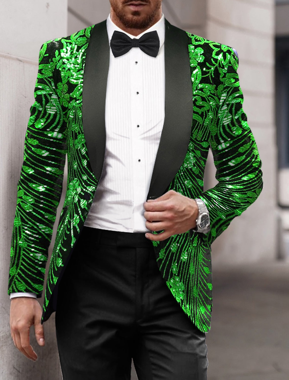 Men's Single-Breasted One-Button Tailored Fit Party Jacket In Gold Red And Green Sequins