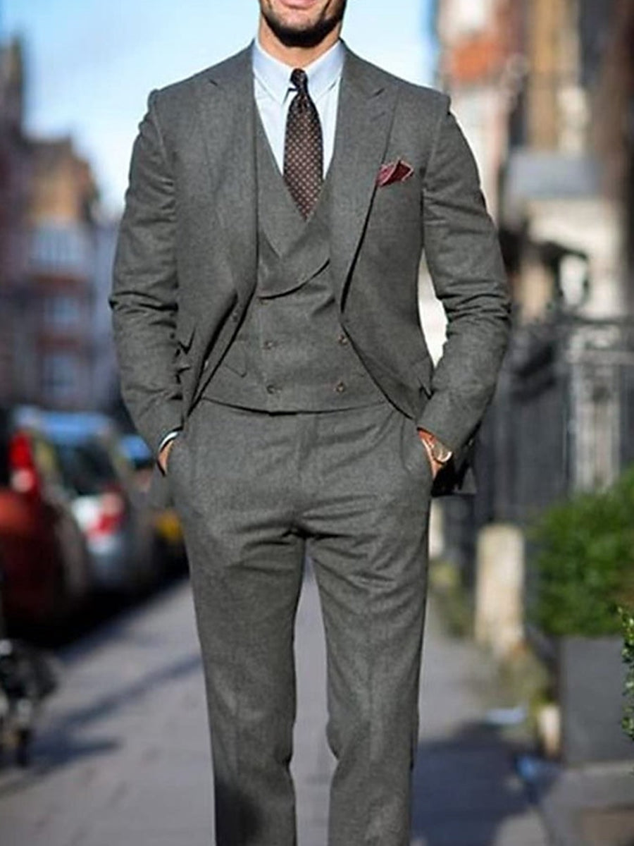 Men's Single Breasted Two-Button Wedding Suits In Dark Gray Peak Tweed